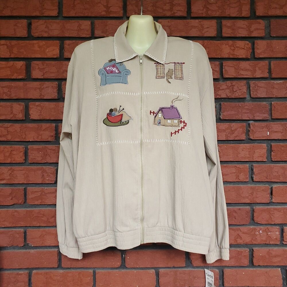 VTG Teddi Lightweight Full Zip Jacket Sz XL Beige Cats Grandma Cottage Country